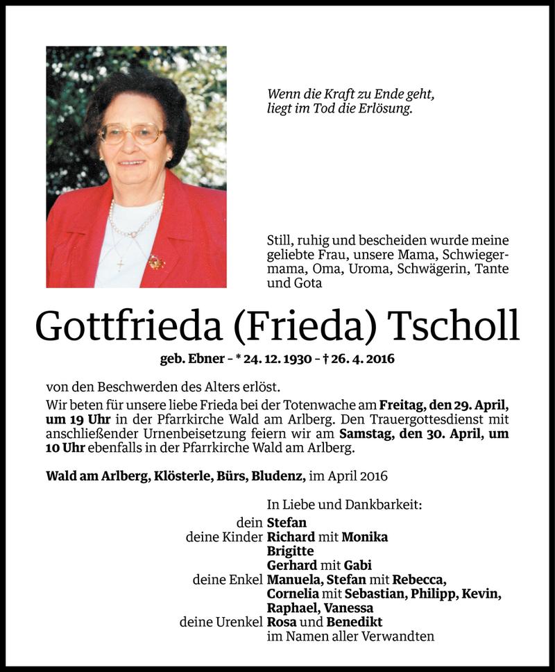  Todesanzeige für Gottfrieda Tscholl vom 28.04.2016 aus Vorarlberger Nachrichten