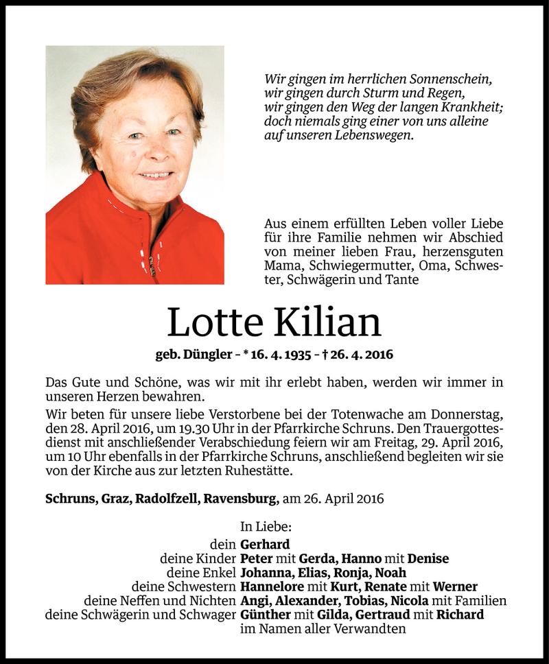  Todesanzeige für Lotte Kilian vom 27.04.2016 aus Vorarlberger Nachrichten