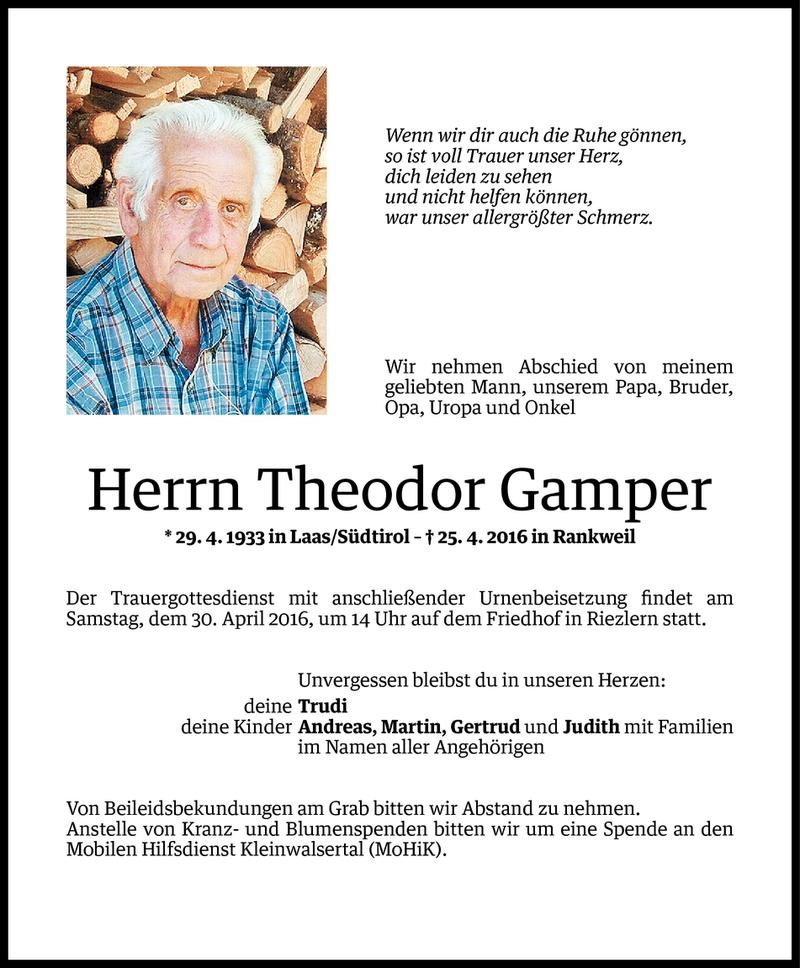  Todesanzeige für Theodor Gamper vom 27.04.2016 aus Vorarlberger Nachrichten