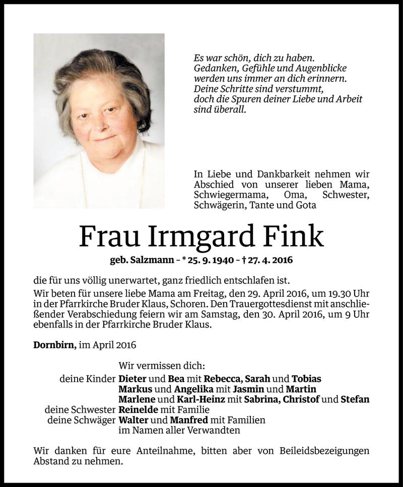  Todesanzeige für Irmgard Fink vom 27.04.2016 aus Vorarlberger Nachrichten