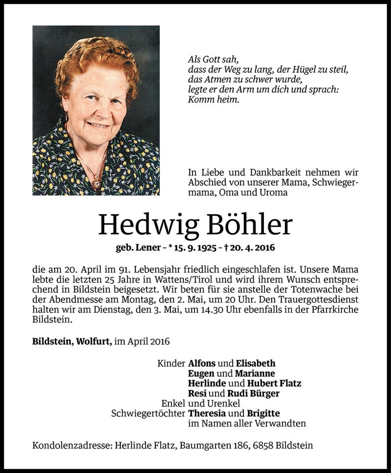  Todesanzeige für Hedwig Böhler vom 29.04.2016 aus Vorarlberger Nachrichten