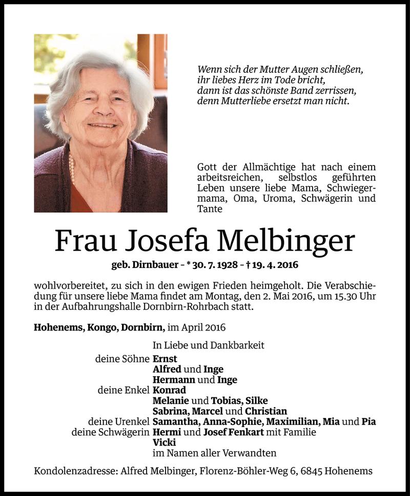  Todesanzeige für Josefa Melbinger vom 27.04.2016 aus Vorarlberger Nachrichten