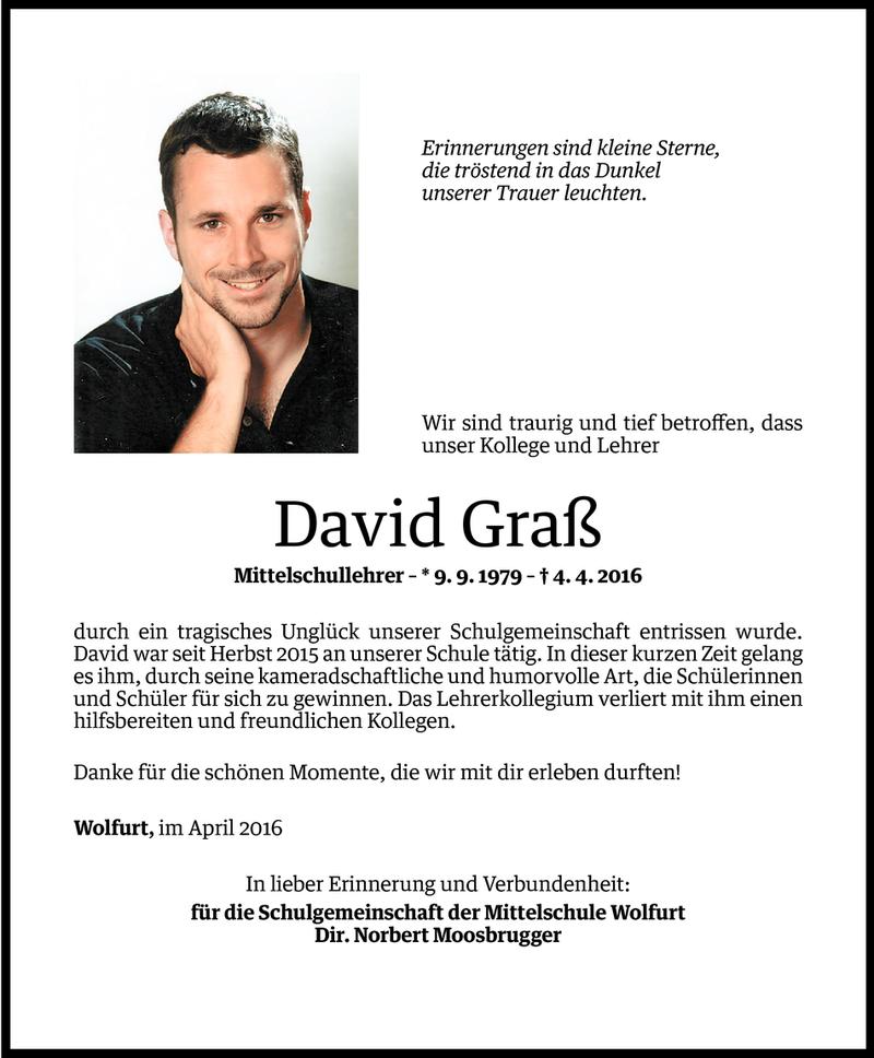  Todesanzeige für David Graß vom 29.04.2016 aus Vorarlberger Nachrichten