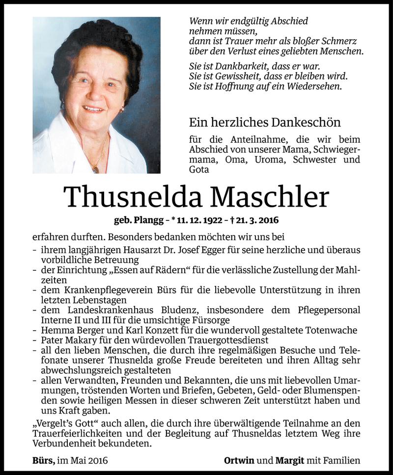  Todesanzeige für Thusnelda Maschler vom 05.05.2016 aus Vorarlberger Nachrichten