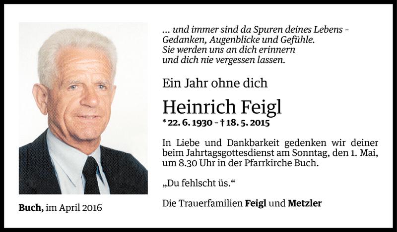  Todesanzeige für Heinrich Feigl vom 28.04.2016 aus Vorarlberger Nachrichten