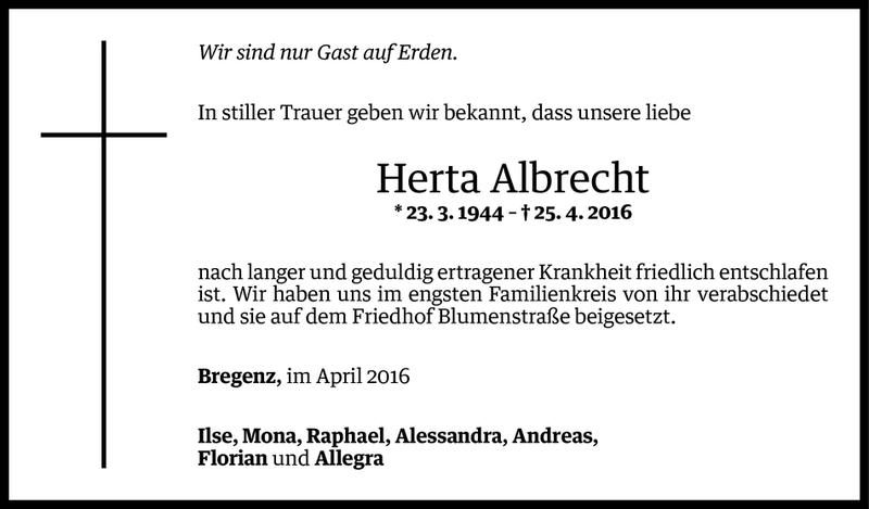  Todesanzeige für Herta Albrecht vom 30.04.2016 aus Vorarlberger Nachrichten