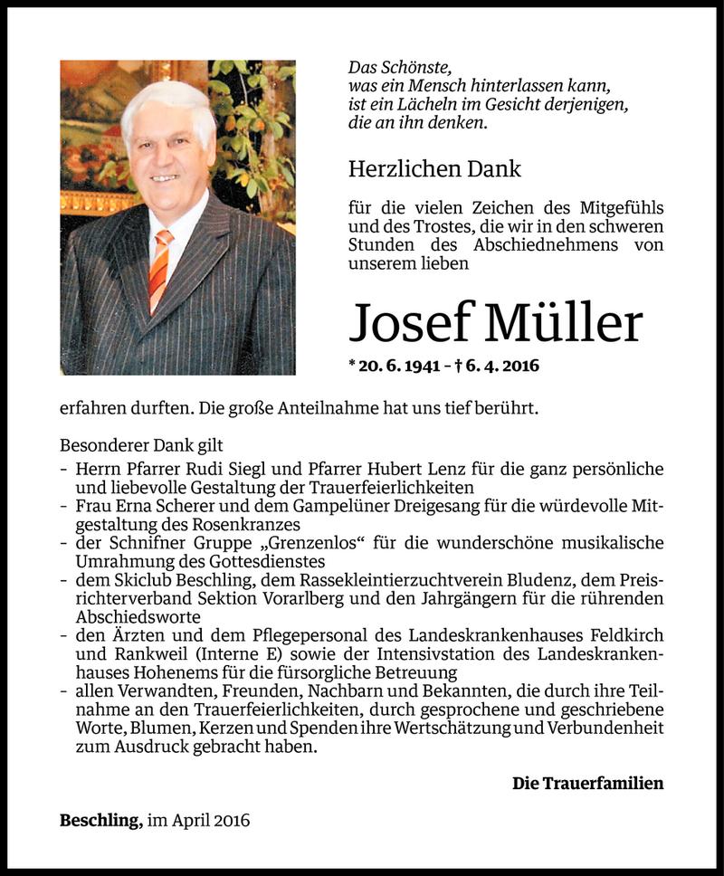  Todesanzeige für Josef Müller vom 29.04.2016 aus Vorarlberger Nachrichten