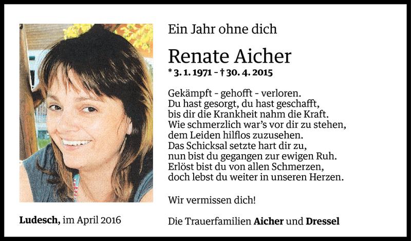  Todesanzeige für Renate Aicher vom 29.04.2016 aus Vorarlberger Nachrichten