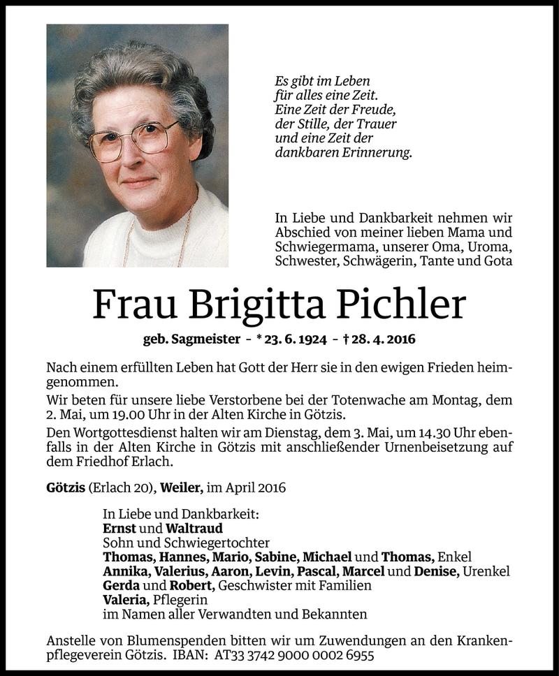  Todesanzeige für Brigitta Pichler vom 30.04.2016 aus Vorarlberger Nachrichten