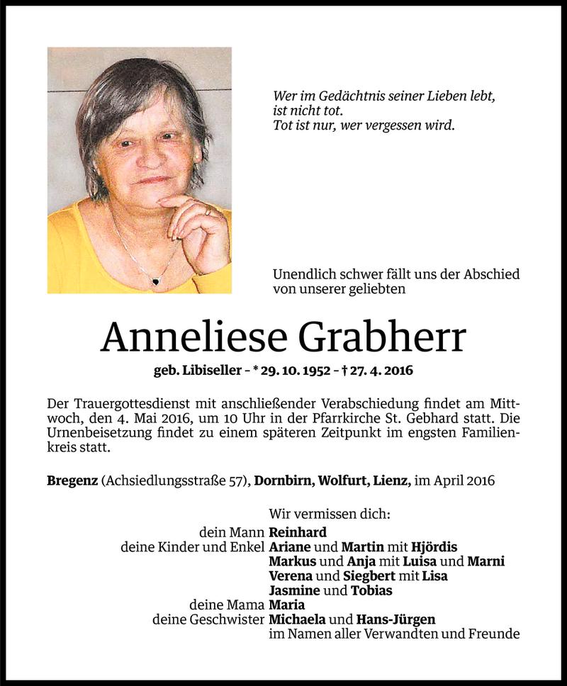  Todesanzeige für Anneliese Grabherr vom 29.04.2016 aus Vorarlberger Nachrichten