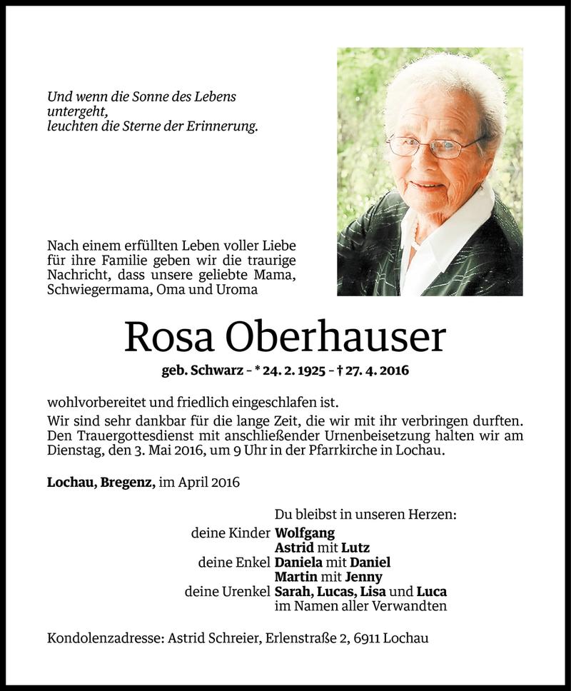 Todesanzeige für Rosa Oberhauser vom 29.04.2016 aus Vorarlberger Nachrichten
