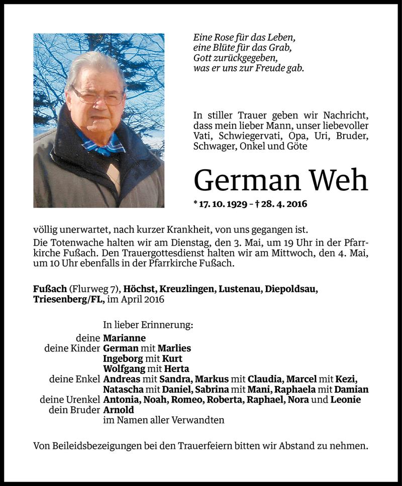  Todesanzeige für German Weh vom 29.04.2016 aus Vorarlberger Nachrichten