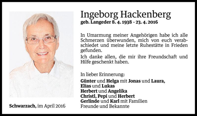  Todesanzeige für Ingeborg Hackenberg vom 01.05.2016 aus Vorarlberger Nachrichten