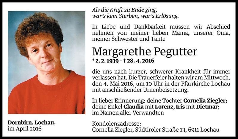  Todesanzeige für Margarethe Pegutter vom 01.05.2016 aus Vorarlberger Nachrichten