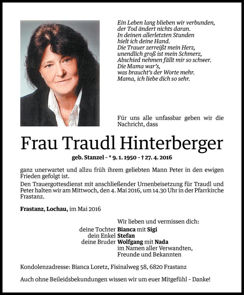  Todesanzeige für Traudl Hinterberger vom 01.05.2016 aus Vorarlberger Nachrichten