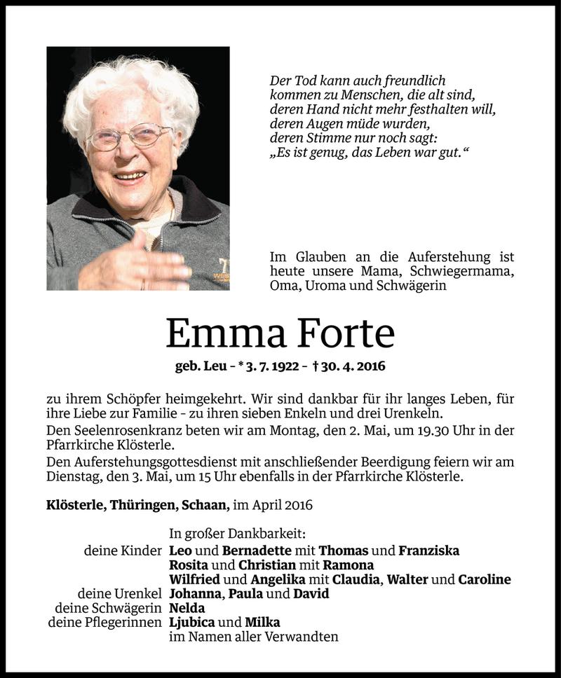  Todesanzeige für Emma Forte vom 02.05.2016 aus Vorarlberger Nachrichten