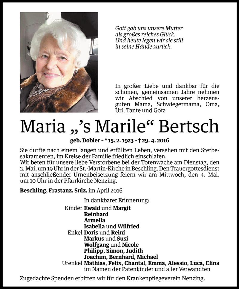  Todesanzeige für Maria Bertsch vom 02.05.2016 aus Vorarlberger Nachrichten