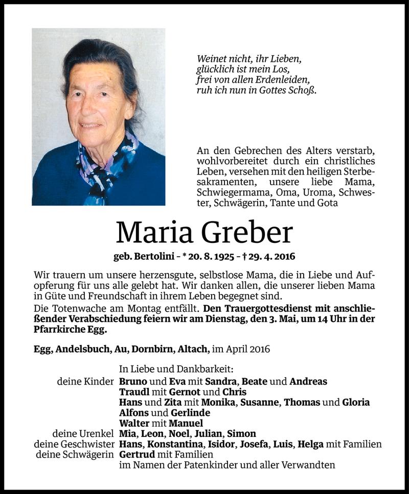  Todesanzeige für Maria Greber vom 01.05.2016 aus Vorarlberger Nachrichten