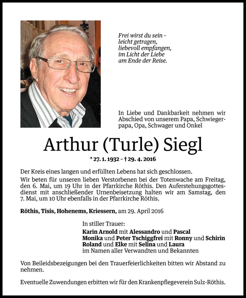  Todesanzeige für Arthur Siegl vom 02.05.2016 aus Vorarlberger Nachrichten