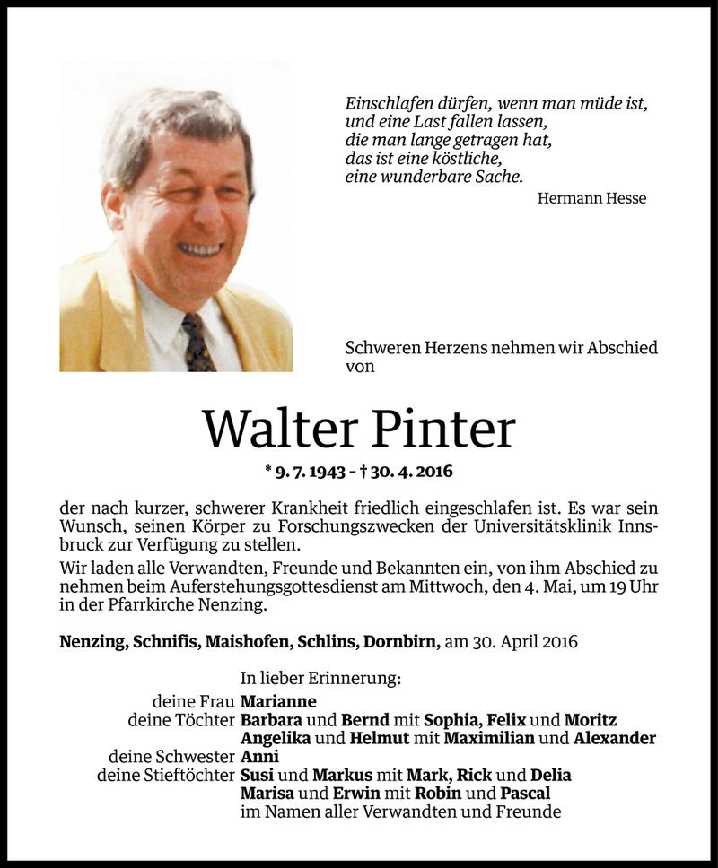  Todesanzeige für Walter Pinter vom 02.05.2016 aus Vorarlberger Nachrichten