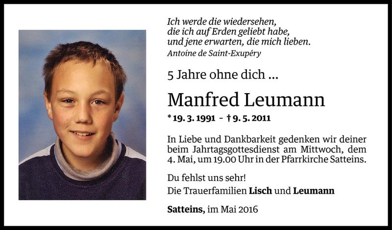 Todesanzeige für Manfred Leumann vom 03.05.2016 aus Vorarlberger Nachrichten