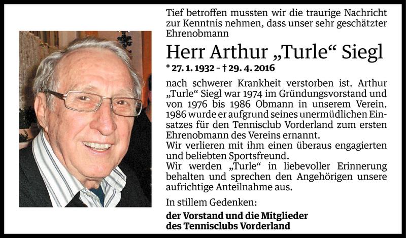  Todesanzeige für Arthur Siegl vom 02.05.2016 aus Vorarlberger Nachrichten