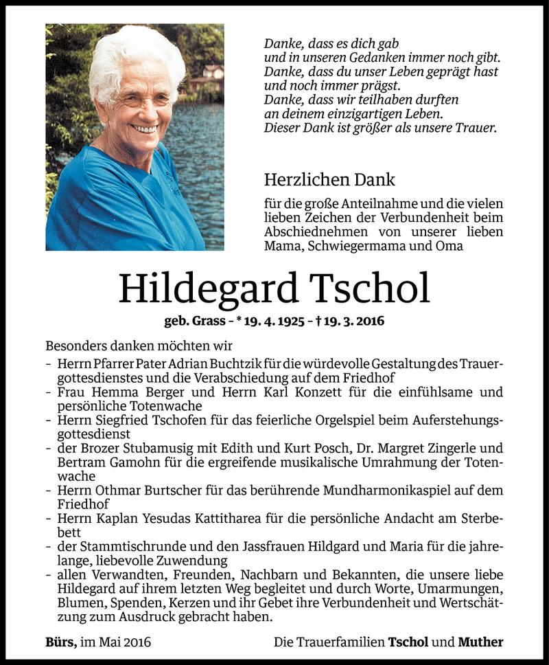  Todesanzeige für Hildegard Tschol vom 02.05.2016 aus Vorarlberger Nachrichten