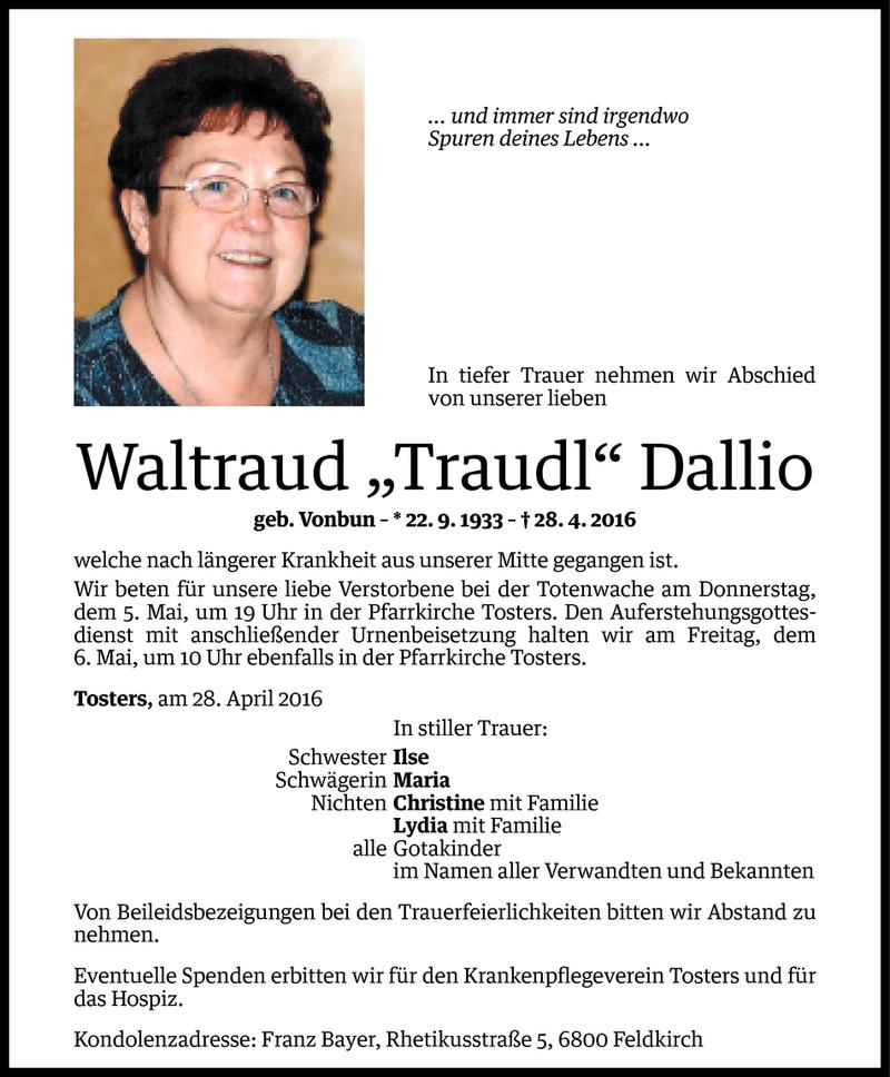  Todesanzeige für Waltraud Dallio vom 03.05.2016 aus Vorarlberger Nachrichten