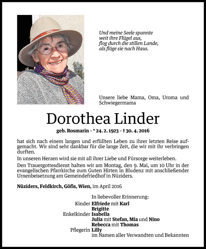  Todesanzeige für Dorothea Linder vom 05.05.2016 aus Vorarlberger Nachrichten