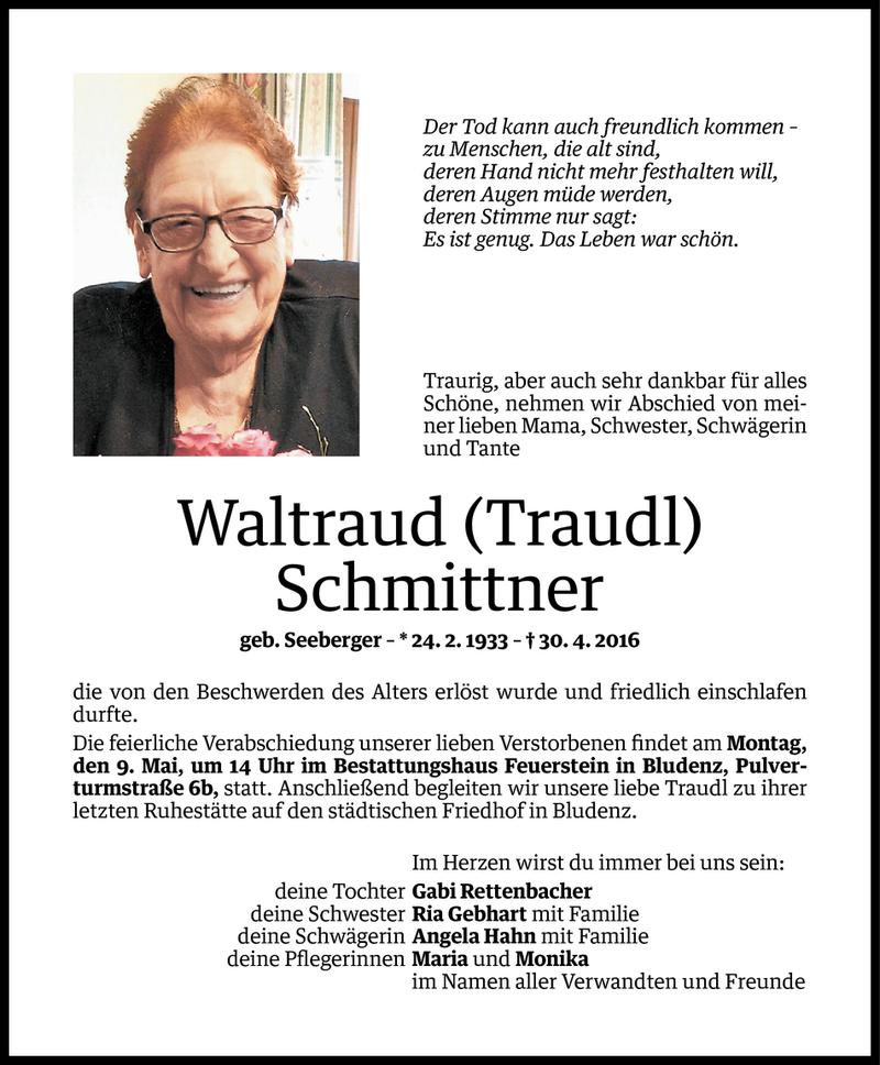  Todesanzeige für Waltraud Schmittner vom 05.05.2016 aus Vorarlberger Nachrichten