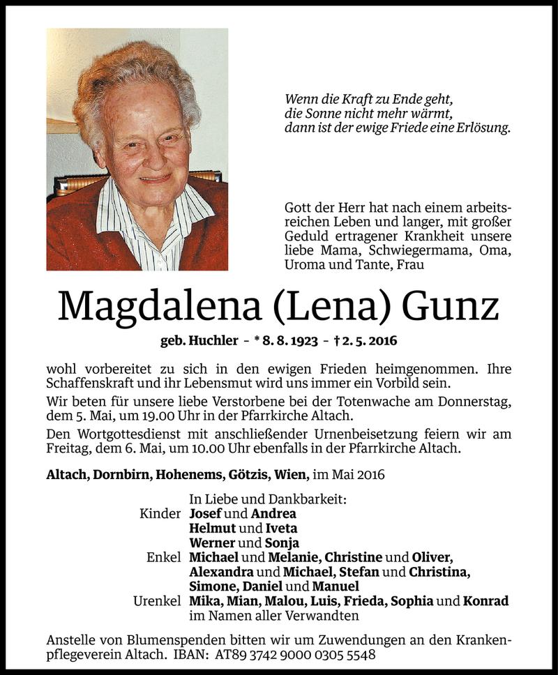  Todesanzeige für Magdalena Gunz vom 04.05.2016 aus Vorarlberger Nachrichten