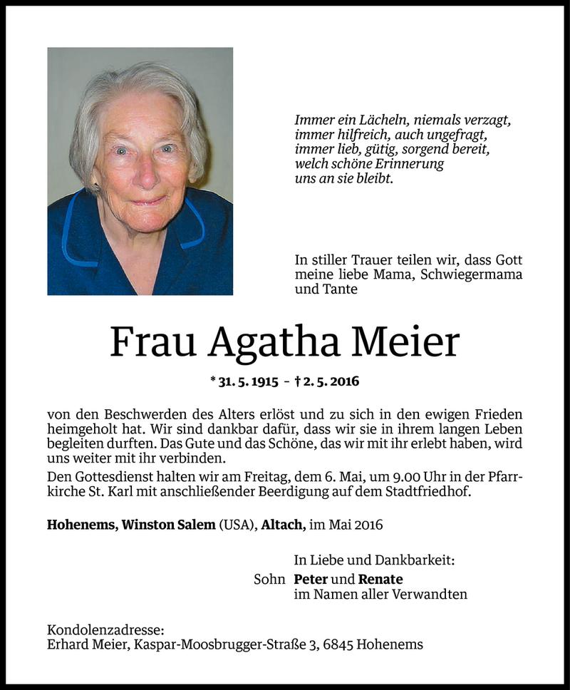  Todesanzeige für Agatha Meier vom 04.05.2016 aus Vorarlberger Nachrichten