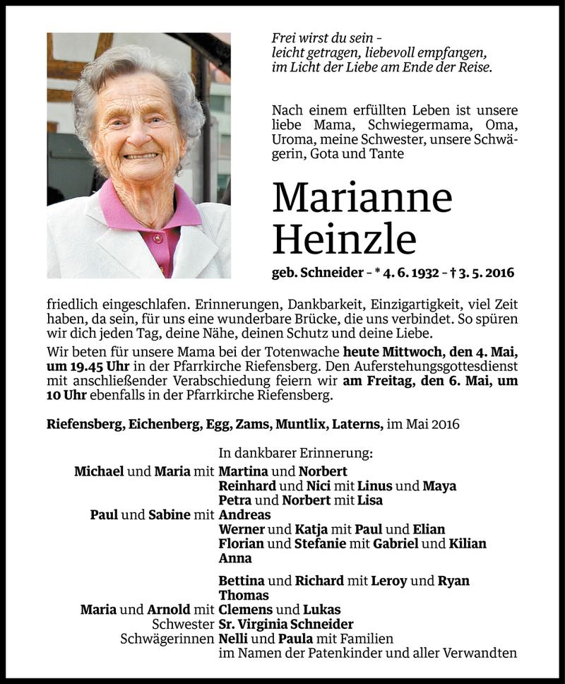  Todesanzeige für Marianne Heinzle vom 03.05.2016 aus Vorarlberger Nachrichten