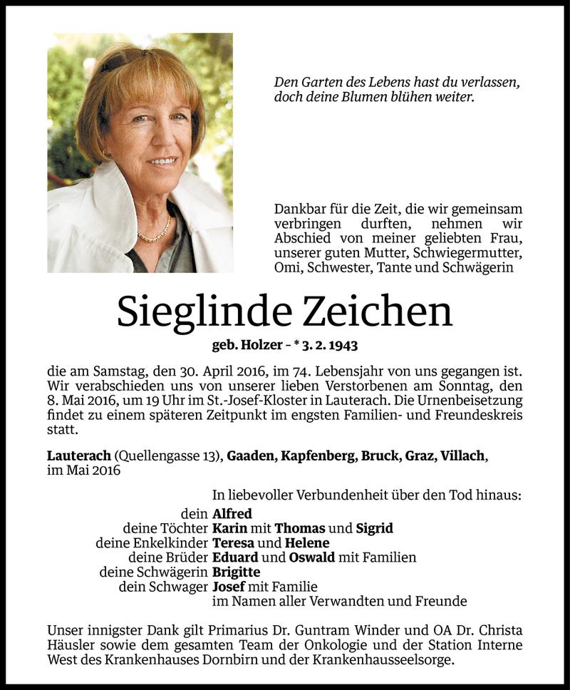  Todesanzeige für Sieglinde Zeichen vom 04.05.2016 aus Vorarlberger Nachrichten