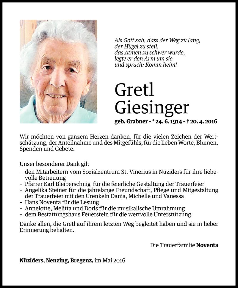  Todesanzeige für Gretl Giesinger vom 05.05.2016 aus Vorarlberger Nachrichten