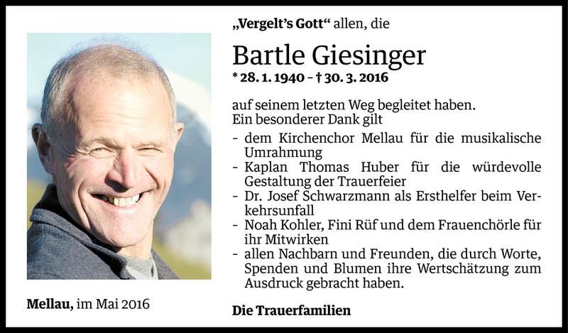  Todesanzeige für Bartle Giesinger vom 04.05.2016 aus Vorarlberger Nachrichten