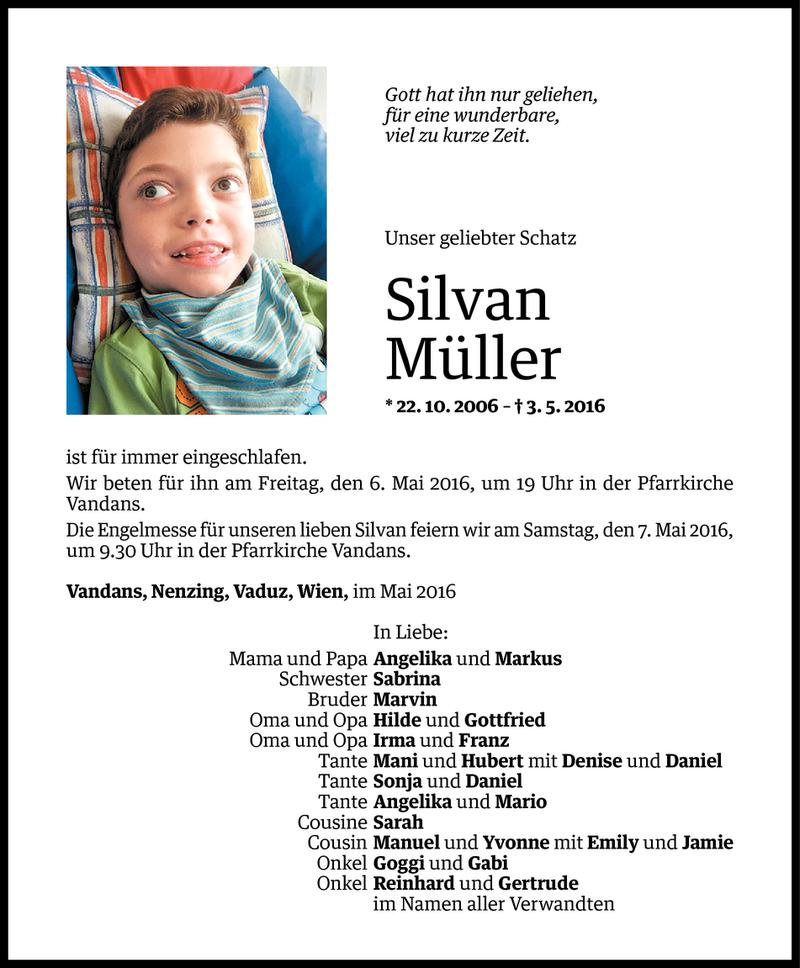  Todesanzeige für Silvan Müller vom 04.05.2016 aus Vorarlberger Nachrichten