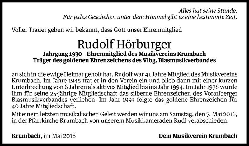  Todesanzeige für Rudolf Hörburger vom 04.05.2016 aus Vorarlberger Nachrichten
