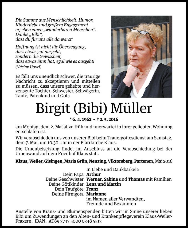  Todesanzeige für Birgit Müller vom 05.05.2016 aus Vorarlberger Nachrichten