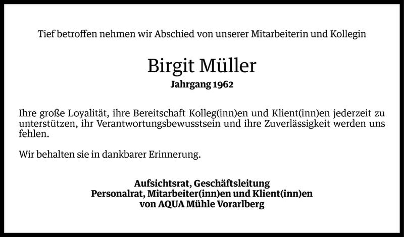  Todesanzeige für Birgit Müller vom 05.05.2016 aus Vorarlberger Nachrichten