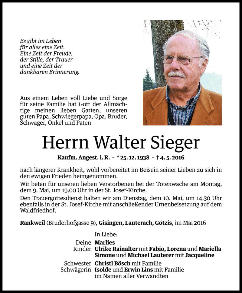  Todesanzeige für Walter Sieger vom 07.05.2016 aus Vorarlberger Nachrichten