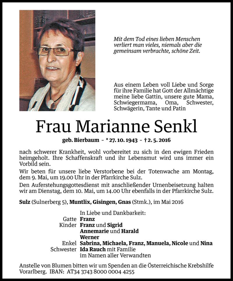  Todesanzeige für Marianne Senkl vom 05.05.2016 aus Vorarlberger Nachrichten