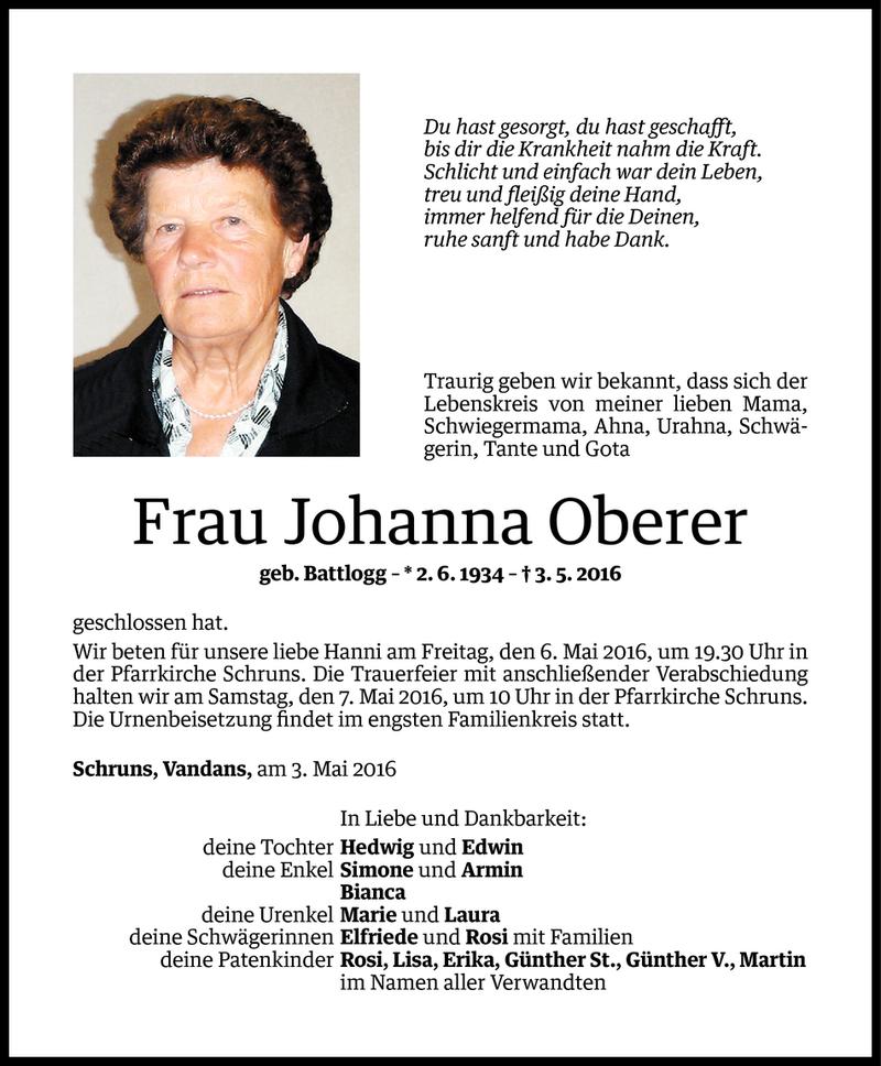  Todesanzeige für Johanna Oberer vom 04.05.2016 aus Vorarlberger Nachrichten