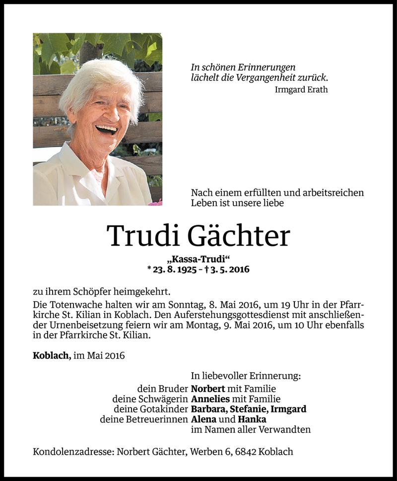  Todesanzeige für Trudi Gächter vom 04.05.2016 aus Vorarlberger Nachrichten