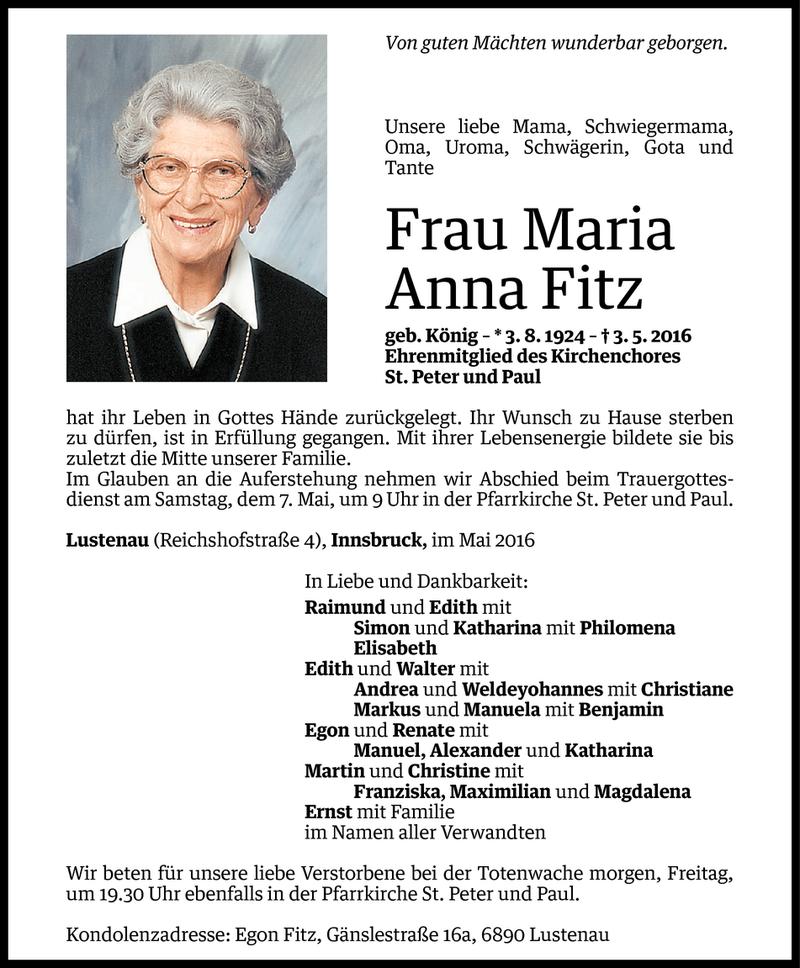  Todesanzeige für Maria Anna Fitz vom 04.05.2016 aus Vorarlberger Nachrichten