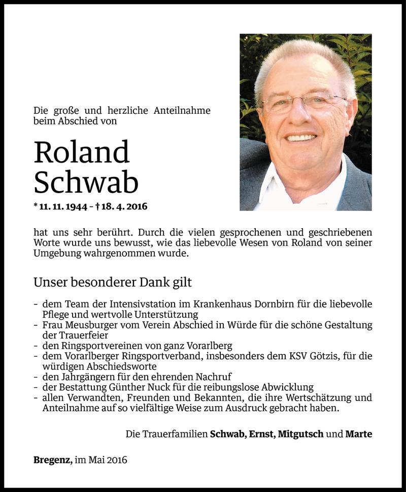  Todesanzeige für Roland Schwab vom 06.05.2016 aus Vorarlberger Nachrichten
