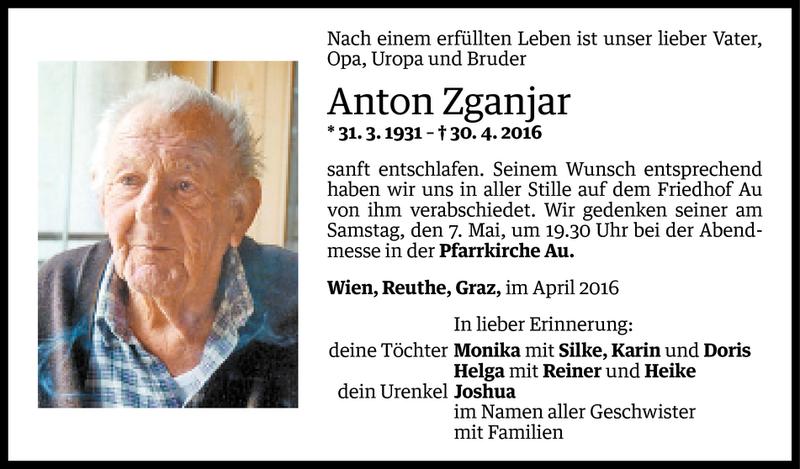 Todesanzeige für Anton Zganjar vom 06.05.2016 aus Vorarlberger Nachrichten