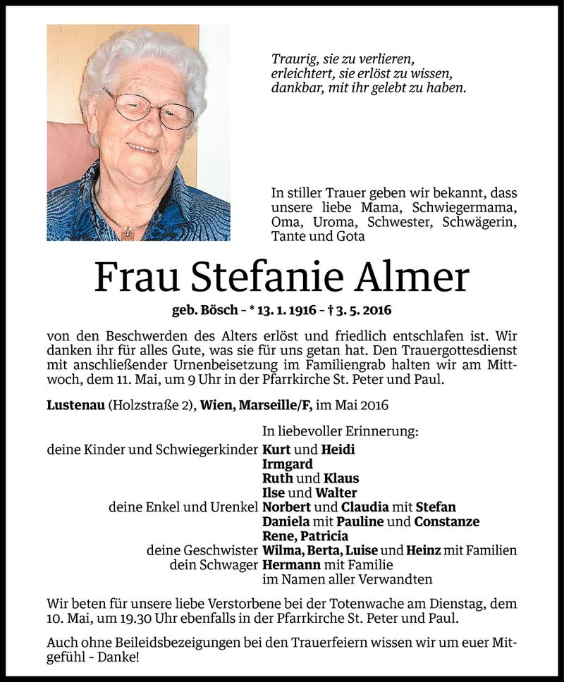  Todesanzeige für Stefanie Almer vom 06.05.2016 aus Vorarlberger Nachrichten