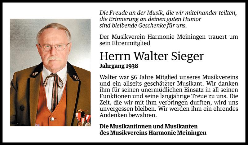  Todesanzeige für Walter Sieger vom 07.05.2016 aus Vorarlberger Nachrichten