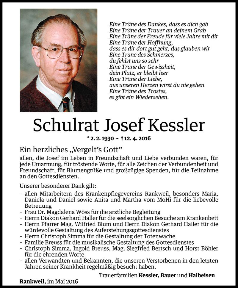  Todesanzeige für Josef Kessler vom 09.05.2016 aus Vorarlberger Nachrichten